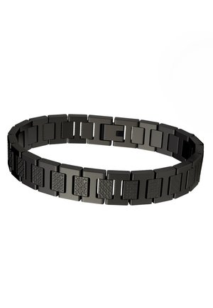 Schwarzes Metallarmband mit rechteckigen Gliedern, einige mit geometrischen Mustern strukturiert, angeordnet in einer kontinuierlichen Schlaufe.