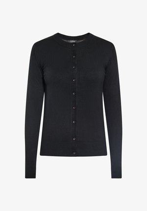 Črn kardigan iz mehkega pletenega materiala, z dolgimi rokavi, okroglim izrezom in sprednjim zapiranjem na gumbe s skupno osmimi temnimi gumbkami.