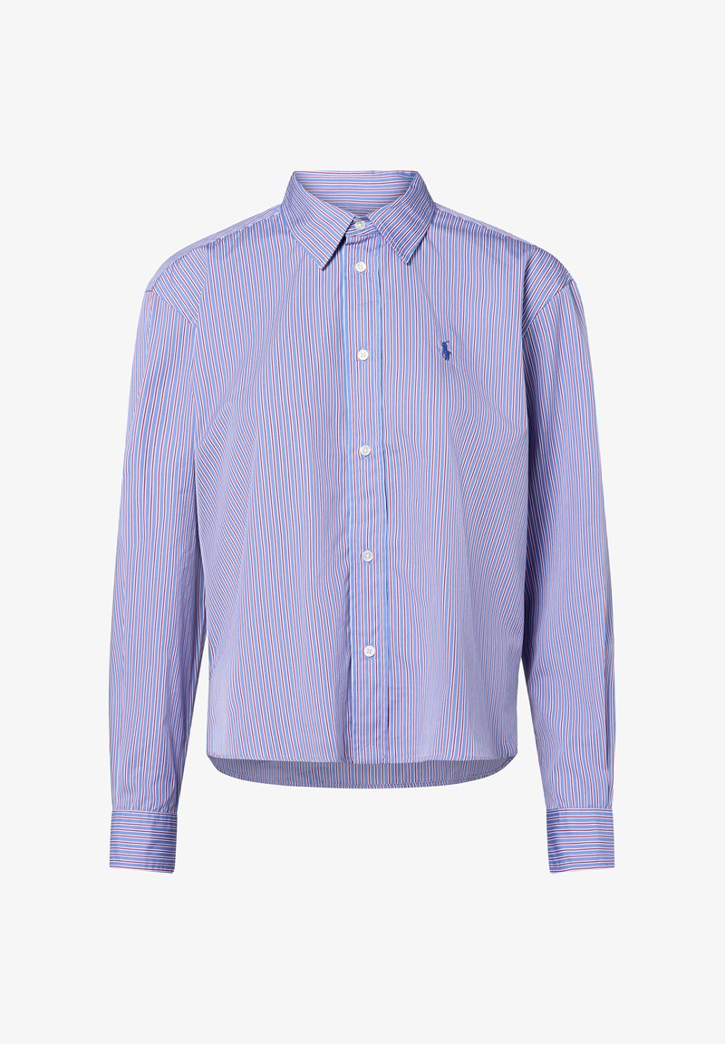 Gestreepte button-up shirt in lichtblauw met rode en witte verticale strepen. Beschikt over een kraag, lange mouwen en een rond afgewerkte zoom.