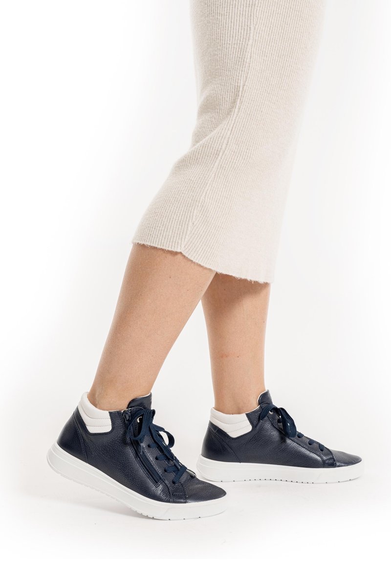 Navy leather high-top sneakers with white accents, featuring a textured finish, laces, and a side zip for easy wear.