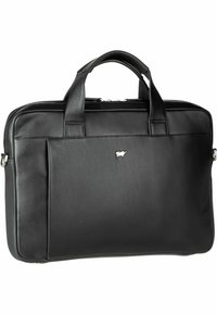 Schwarze Ledertasche für Laptops mit zwei oberen Griffen, einem Reißverschlussverschluss, einer Vordertasche und einem kleinen Logo-Element auf der Vorderseite. Glatte Textur.