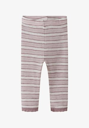 Stripede leggings, blødt strikstof, lyserøde og hvide striber, blonderkant ved kanten, elastisk taljebånd for komfort.
