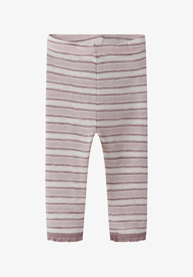 Leggings rayés, tissu en maille douce, rayures rose pâle et blanches, bordure en dentelle à l'ourlet, taille élastique pour le confort.