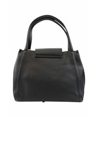 Borsa a tracolla in pelle nera con texture a grana, corpo rettangolare, manici a doppio curvi e chiusura a pattina sulla parte superiore.