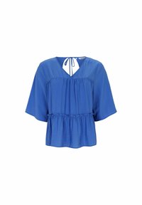 Blusa blu con scollatura a V, maniche a sbuffo e dettaglio con cordoncino sul retro. Realizzata in tessuto leggero con vestibilità comoda e orlo svasato.