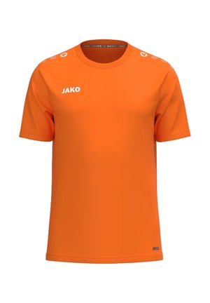 Maglietta sportiva arancione brillante a maniche corte con logo JAKO bianco sul petto in alto a sinistra e loghi bianchi circolari sulle spalle.