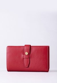 Red leather wallet with a smooth texture, featuring a gold button closure and a tab strap. Rectangular shape with stitched edges.