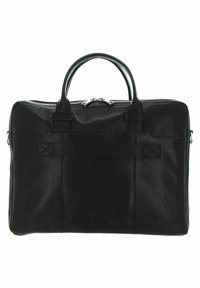 Svart läderportfölj med överhandtag, dragkedjestängning och platt frontpanel med två horisontella remmar för extra detaljer.