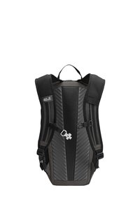 Schwarzer Rucksack aus Netzmaterial mit gepolstertem Rücken. Verfügt über verstellbare Träger, einen oberen Griff und reflektierende Akzente für bessere Sichtbarkeit.