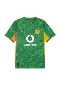 Maglia da calcio verde con texture astratta, accenti arancioni sulle maniche, logo circolare sul fronte e logo Puma sulla spalla.