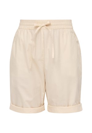 Beige katoenen shorts met een elastische tailleband, verstelbare koord en opgerolde mouwen. Zachte textuur, casual ontwerp.