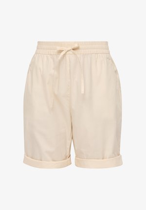 Beige cotton shorts with an elastic waistband, adjustable drawstring, and rolled cuffs. Smooth texture, casual design.