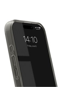 Clear smartphone case with a matte finish, displaying a dark screen showing time and date. Side buttons and charging port visible.