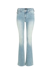 Světle modré rozšířené džíny vyrobené z denimu, s vysokým pasem, předními kapsami a efektem praní podél stehen. Klasické stehování po celém výrobku.