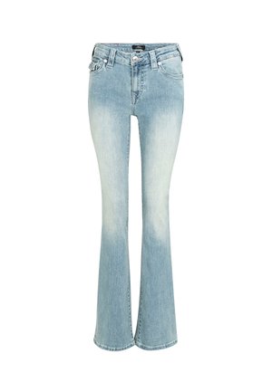 Jasnoniebieskie dżinsy w stylu dzwonów, wykonane z denimu, z wysokim stanem, przednimi kieszeniami i efektami przetarcia wzdłuż ud. Klasyczne przeszycia na całej powierzchni.