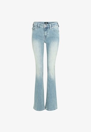 Světle modré rozšířené džíny vyrobené z denimu, s vysokým pasem, předními kapsami a efektem praní podél stehen. Klasické stehování po celém výrobku.