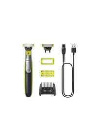 Philips OneBlade electric shaver in black and yellow, includes three trimming heads, adjustable combs, and a USB charging cable.