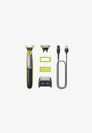 Rasoi elettrico Philips OneBlade in nero e giallo, include tre teste di taglio, pettini regolabili e un cavo di ricarica USB.