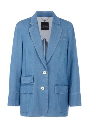 Light blue denim blazer with two white buttons, notch lapel, long sleeves, and three front flap pockets.
