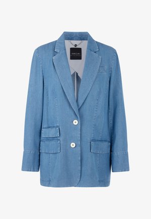 Veste en denim bleu clair avec deux boutons blancs, col à cran, manches longues et trois poches avant avec rabat.