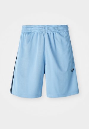 Light blue athletic shorts made of smooth fabric, featuring an elastic waistband and black side stripes with a small black logo on the lower left side.