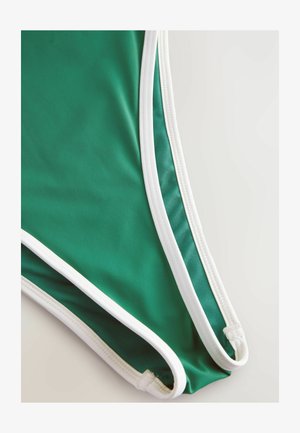 Green swimsuit featuring a sleek design with white trim. Smooth fabric texture, with a low-cut leg opening and reinforced stitching.