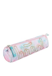 Kulatá peněženka v pastelových barvách s tropickým listovým vzorem, opatřená zlatým zipem a slovem "baaal" ve zlatém písmu.