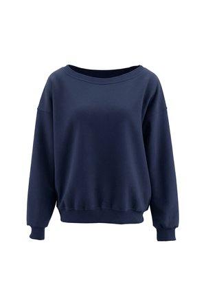 Navyblå langærmet sweatshirt med bred rund halsudskæring, ribkanter ved ærmer og bund, på hvid baggrund.
