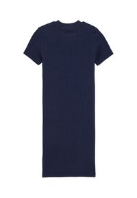 Tmavě modré žebrované šaty s krátkým rukávem a rovný střih, s malou náprsní kapsou a délkou po kolena.