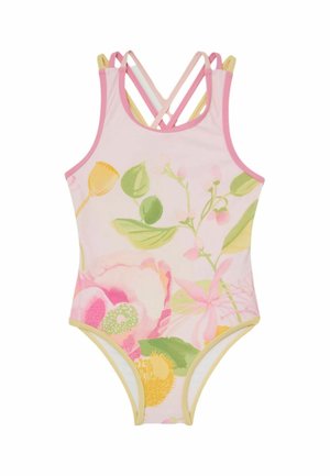 Maillot de bain une pièce pour fille avec bordure rose, bretelles roses croisées et motif floral dans des tons verts, jaunes et roses.