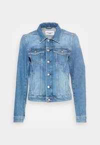 Jasnoniebieska kurtka dżinsowa o klasycznym wzorze, z przednimi kieszeniami i srebrnymi napami. Posiada kołnierz oraz długie rękawy z zapinanymi mankietami.