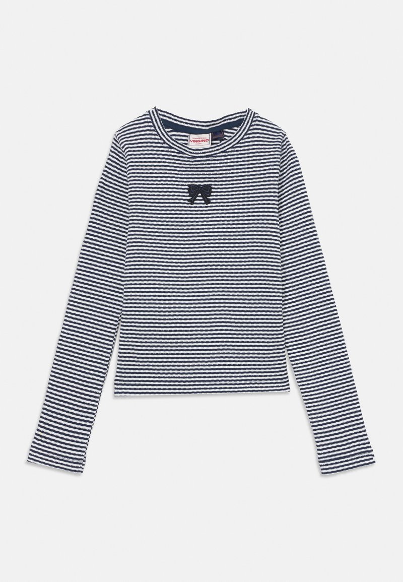 Dugi rukav u tamnoplavoj i bijeloj prugastoj boji, s ušivenim crnim mašnom na prsima, izrađen od mekanog pamučnog materijala.