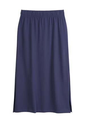 Marineblaue Midi-Rock aus weichem Stoff, mit einem elastischen Bund und seitlichen Schlitzen für Komfort und Bewegungsfreiheit.