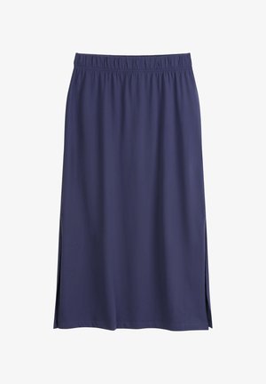 Marineblaue Midi-Rock aus weichem Stoff, mit einem elastischen Bund und seitlichen Schlitzen für Komfort und Bewegungsfreiheit.