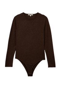 Brązowy bodysuit z długim rękawem, wykonany z miękkiego materiału, z okrągłym dekoltem i zapięciem na napy u dołu, co zapewnia pewne dopasowanie i łatwość zakupu.