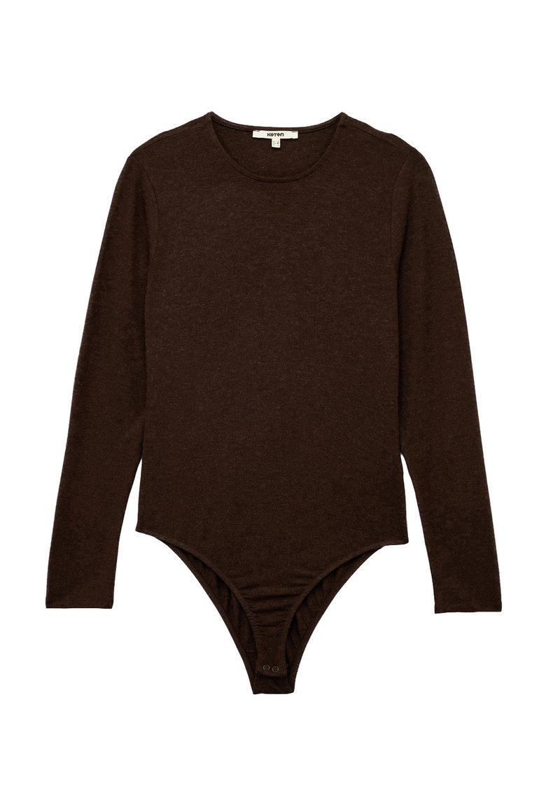 Brązowy bodysuit z długim rękawem, wykonany z miękkiego materiału, z okrągłym dekoltem i zapięciem na napy u dołu, co zapewnia pewne dopasowanie i łatwość zakupu.