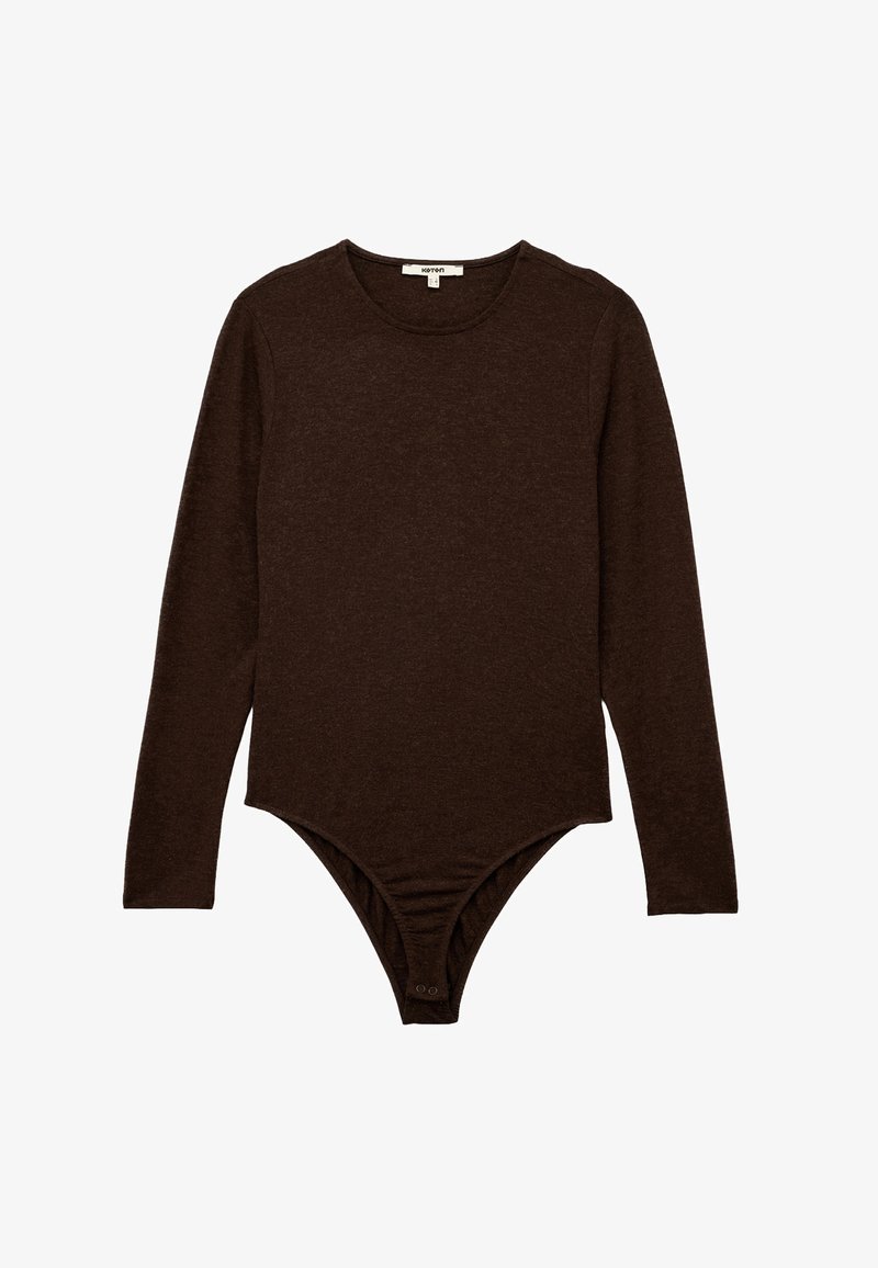 Bruine lange mouwen bodysuit gemaakt van zachte stof, met een ronde hals en drukknopen aan de onderkant voor een veilige pasvorm en gemakkelijk aan- en uittrekken.