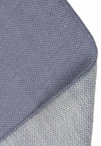 Textured fabric in dark blue and light gray hues, with contrasting stitching along the edge and a smooth finish.