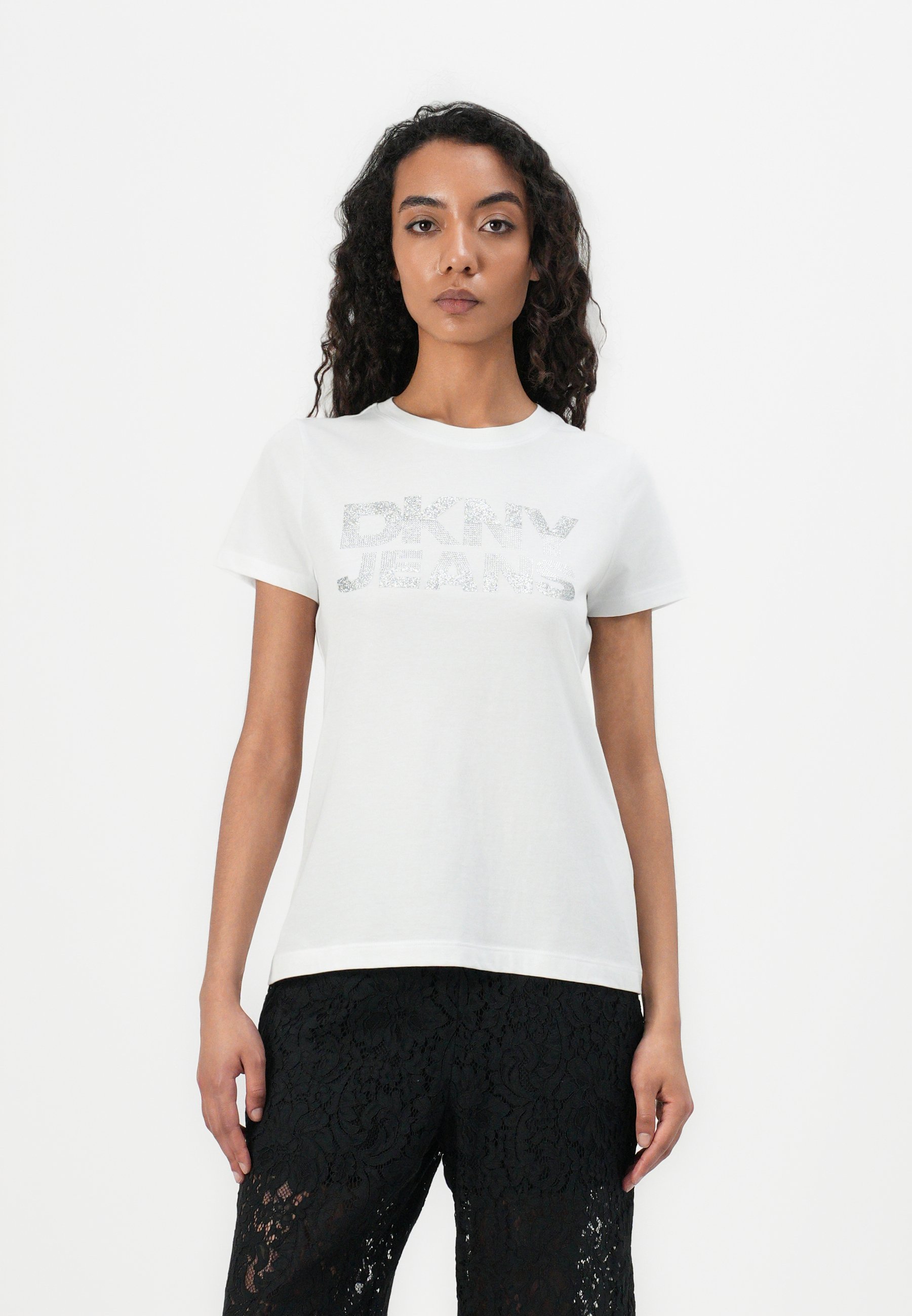 売れ筋商品|||ダナ キャラン ニューヨーク Tシャツ レディース トップス GLITTER RHINESTONE LOGO TEE - Print T-shirt - white/silver coloured DKNY GLITTER RHINESTONE LOGO TEE - Print T-shirt - white