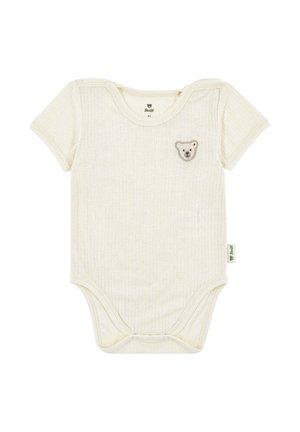 Kurzärmliger, gerippter Body in Creme mit Bärenmotiv-Stickerei, Druckknöpfen an Schulter und Schritt, aus weichem Baumwollmaterial.