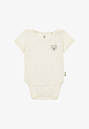 Kurzärmliger, gerippter Body in Creme mit Bärenmotiv-Stickerei, Druckknöpfen an Schulter und Schritt, aus weichem Baumwollmaterial.