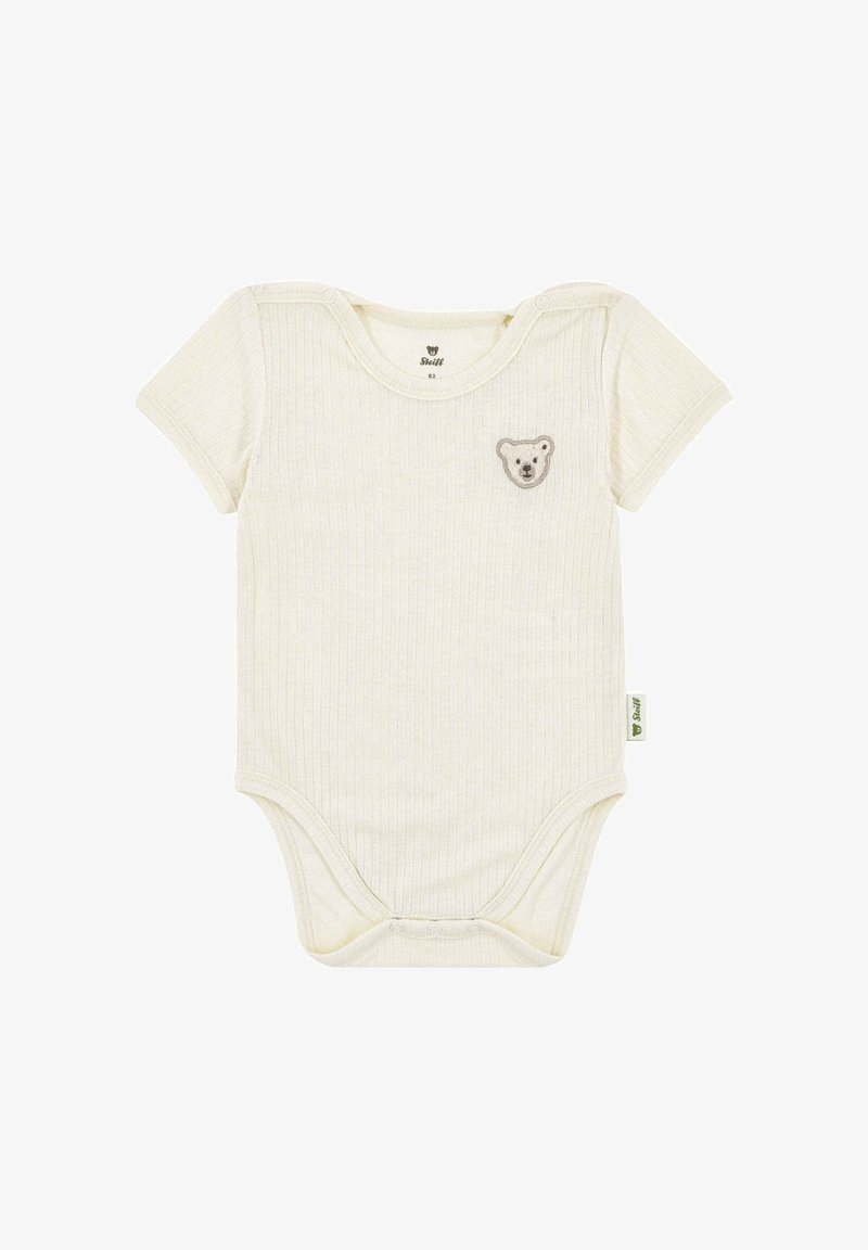 Kurzärmliger, gerippter Body in Creme mit Bärenmotiv-Stickerei, Druckknöpfen an Schulter und Schritt, aus weichem Baumwollmaterial.