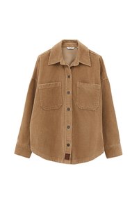 Camicetta in corduroy marrone con chiusura a bottoni, due tasche sul petto e colletto a punta. Presenta un materiale testurizzato e a coste, con etichetta brandizzata.