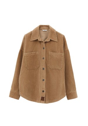 Camicetta in corduroy marrone con chiusura a bottoni, due tasche sul petto e colletto a punta. Presenta un materiale testurizzato e a coste, con etichetta brandizzata.