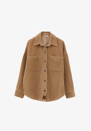 Bruin corduroy shirt met een knoopsluiting aan de voorkant, twee borstzakken en een puntkraag. Heeft een gestructureerd, ribbelachtig materiaal en een merlabel.