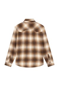 Camicia in flanella a quadri marrone con maniche lunghe, polsini con bottoni, colletto classico e orlo posteriore curvo, caratterizzata da diverse sfumature di marrone e crema.