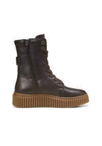 Bottine en cuir marron à lacets sur le devant, fermeture éclair latérale, bout rond et semelle plateforme en caoutchouc texturée. Présente des accents en métal doré.