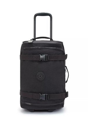Sort rull suitcase med teleskopska håndtag, holdbart stof, lynlåslommer, justerbar rem og et cirkulært mærke logo.