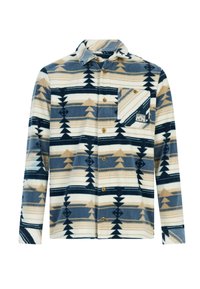Fleece button-up shirt met een geometrisch patroon in marineblauw, beige en wit, voorzien van een borstzak en gouden knopen.