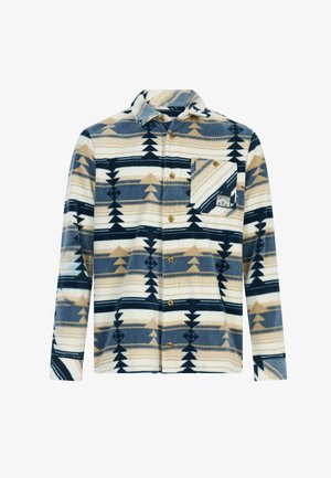 Fleece button-up shirt featuring a geometric pattern in navy, beige, and white, with a chest pocket and golden buttons.